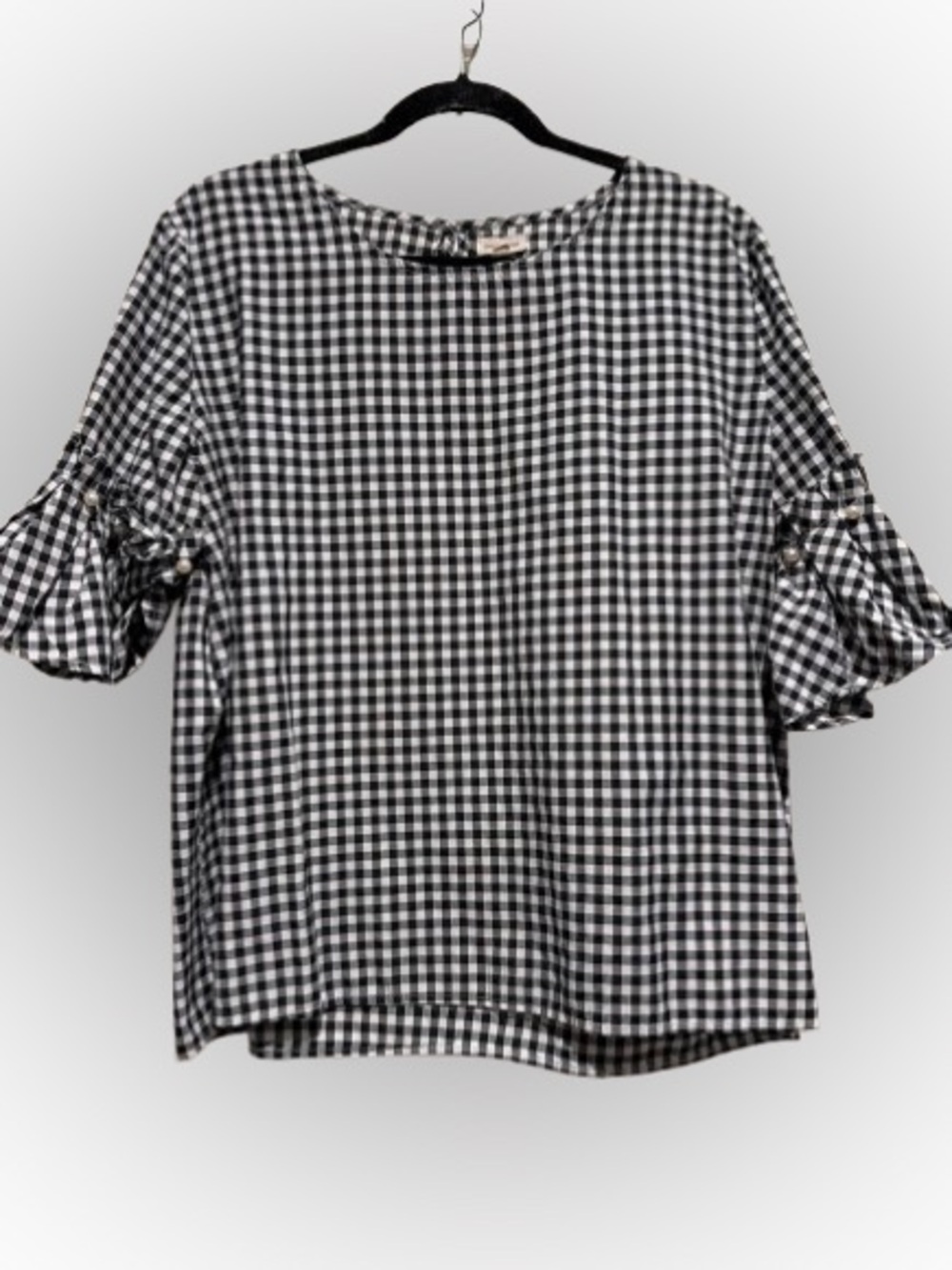 Black & White Gingham Ruffle Sleeve Top - Women XL
